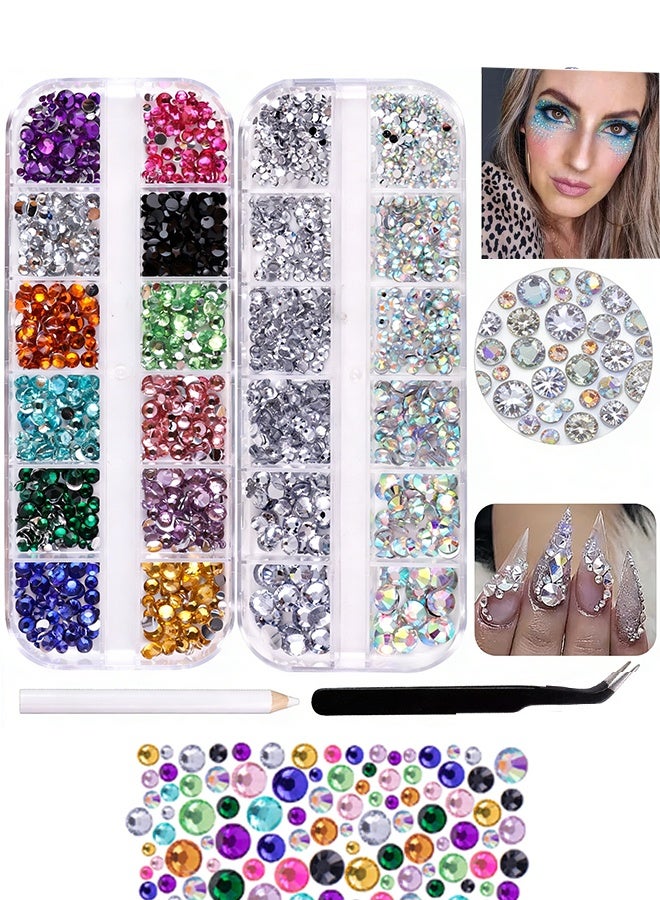 Happy D Flat-back rhinestones 4,520 pieces, colorful nail rhinestones, flat-back crystals, colorful AB transparent white rhinestones, comes with rhinestone picker and tweezers, suitable for jewelry, nails, eyes, face makeup, crafts, DIY - Image 1